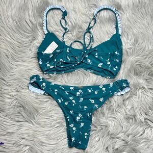 Hollister Floral Triangle Bikini Set M Teal Green Cheeky Ruffled Adjustable